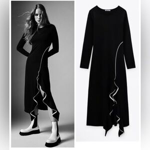 ZARA dress Womens Black Frilled Ruffle Trim Detail Midi/ Maxi Size S